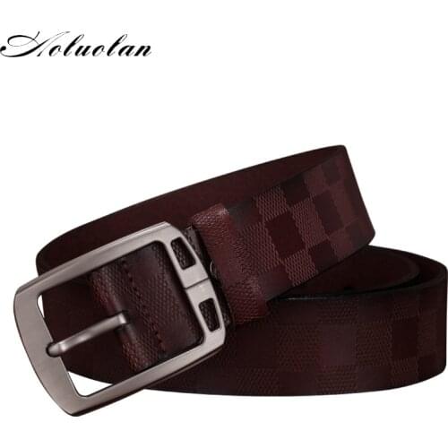 Aoluolan men belt top quality Mens belts Fashion Plaid Genuine leather strap classic pin buckle Belts for Men