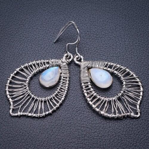 StarGems Natural Rainbow Moonstone Handmade 925 Sterling Silver Earrings 2.25" E0879
