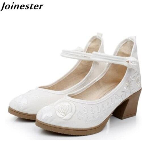 Spring Ladies Mary Jane Pumps Chunky Heel Jacquard Cotton Fabric Dress Shoes for Women Ethnic High Heel Sandals Summer Shoe