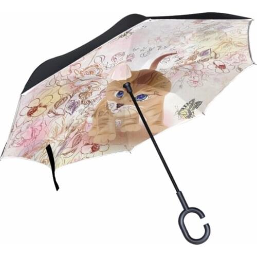 Windproof Reverse Umbrella With Cute Cat Stand Among Flowers Double Layer Long Shank Inverted Creative Customized Travel Size