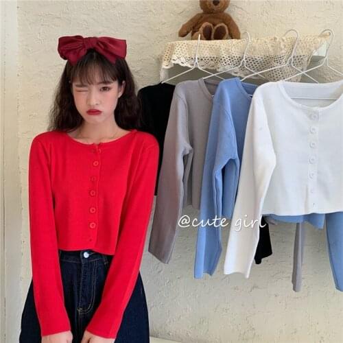 OUMEA Knitted Cardigans Spring Autumn Buttons Front Long Sleeve Crop Cardigans Top Solid Color Simple Classic Knitted Cardigans
