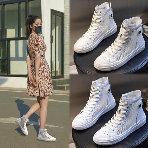 Genuine Leather High Top Shoes Womens New Style Single Shoes Casual Flat Bottom Breathable Mesh White Shoes Woman Sneakers