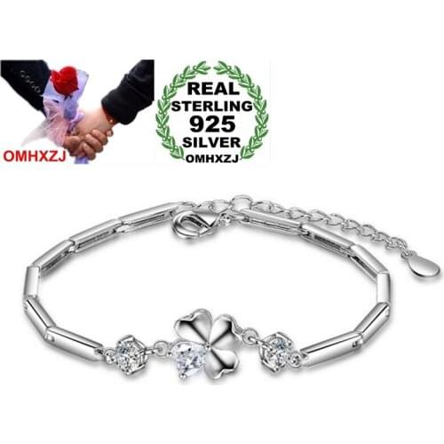 OMHXZJ Wholesale Fashion Sweet Woman Girl Party Gift Heart Leaves Lucky Flower Zircon 925 Sterling Silver Bracelet Bangle SZ115