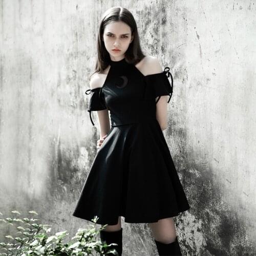 2019 New Arrival Women Dress Fashion Gothic Punk Style Sexy Club Heart Moon Hollow Out Off Shoulder Slash Neck Black Dresses