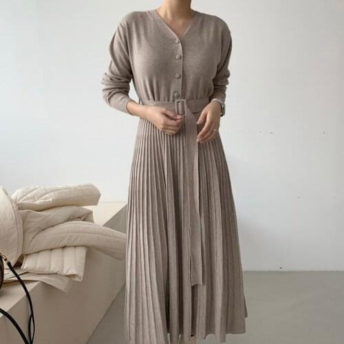 WTIANYUW 2021 New Spring Autumn Women Dress Long Casual Korean Style Single Breasted Pleated V Neck Lace Up Knitted Dress