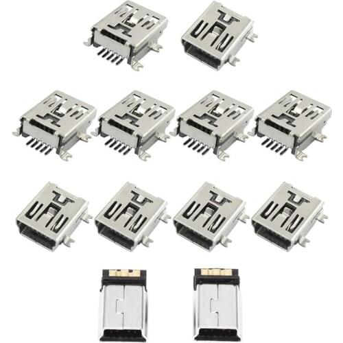 10 x Mini USB 5 Pin Socket Female Solder Plug Adaptor & 10 Pcs Mini USB 5 Pin Male Plug DIY SMT Connector CNIM Hot