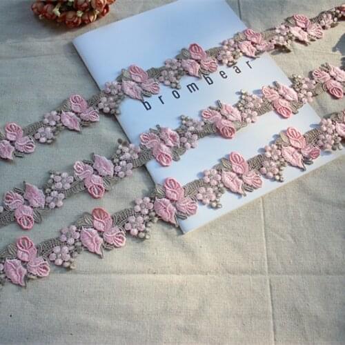 5cm 1.97" Wide (3Yards/lot)Water Soluble Lace,Embroidery Venise Lace Trim in Pink+Greyish Green for Wedding Gown, Costume Design