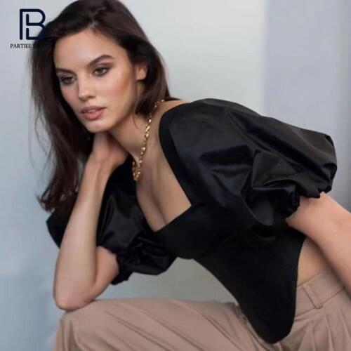 PB Tredny Black Satin Crop Tops Puff Sleeves Square Collar Celebrity Party Club Casual Grils T-shirt Free Shipping