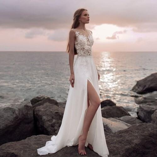 Long Beach Wedding Dresses 2020 Boho Slit Chiffon Bridal Gown Boho Sleeveless Lace Applique White Ivory Wedding Gowns Elegant