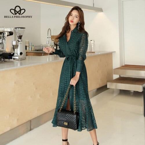 Elegant Autumn Hollow-out Women Long Dress with Belt Vintage Mermaid Female Dress Full Sleeve Autumn Vestidos femme
