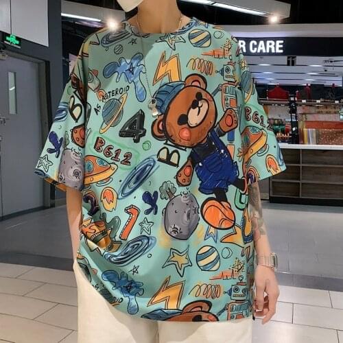 Graffiti Street Hiphop Bear Short-sleeved T-shirt for Men and Women Loose Korean Ins Tide Harajuku Style Bf Half-sleeved Top
