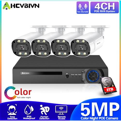 H.265 5MP POE CCTV Outdoor Camera Kit 4 Cameras 8MP POE NVR Kit 4CH 2 Way Audio Color Night Vision Video Surveillance System Set