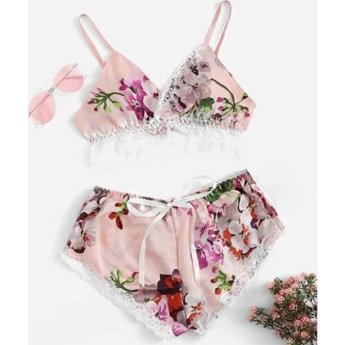 2Pcs Sets Women Sexy Underwear Set Floral Print Lace Patchwork Bra+Bowknot Briefs Female Soft Lingerie