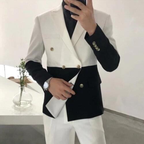 Jacket+Pants) Man Blazer Hombre Semi-Black Red White Double-Breasted Suits Masculino Slim Wedding Prom Fashion Stitching 3XL