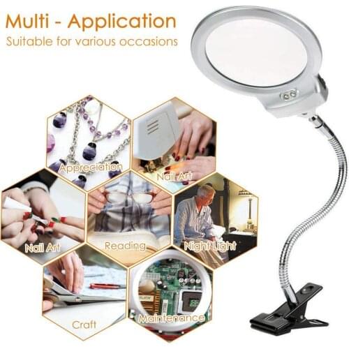 2.5X 107MM 5X 24MM LED Illuminating Magnifier Metal Hose Magnifying Glass Clip On Desktop Table Reading Lamp Light with Clamp