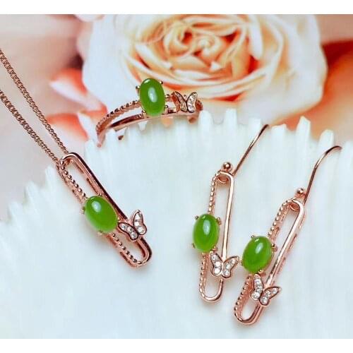 Fashion long Butterfly Natural green jasper gem jewelry sets natural gemstone ring Pendant Earrings 925 silver girl gift jewelry
