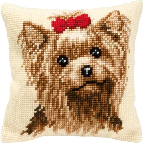 DIY Cross Stitch Cushion Cover Dog with Bow Needlepoint Kits Printed Canvas Chunky Yarn Cross-stitch Pillow Case Arts & Crafts