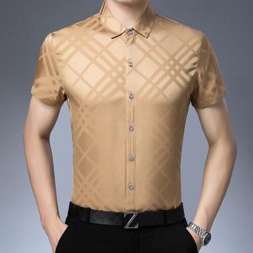 New 2019 summer male silk shirt fashion striped mens silk clothes short sleeve plaid soft silk dress shirt