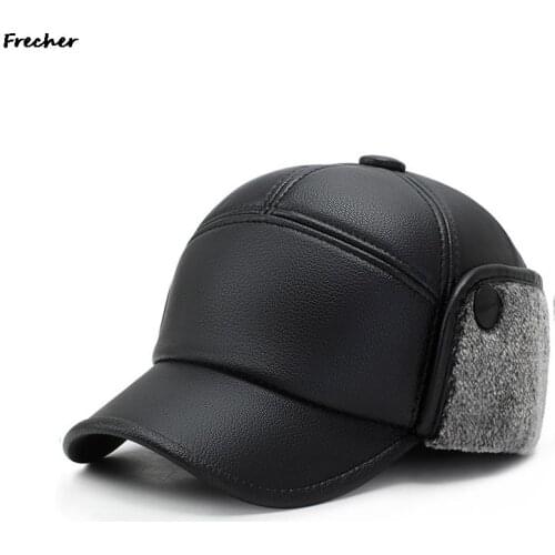 New PU leather Add Plush Bomber Hats Winter Warm Ear Protection Baseball Cap For Old Man Peaked Cap Casquette Outdoor Caps
