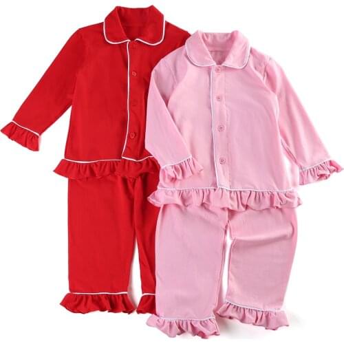 100% cotton navy solid color Boys Girls sleepwear button Family siblings Matching Children Christmas Ruffle kids pajamas