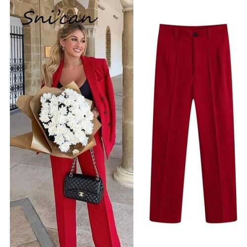Solid Red Office Ladies Suit Pants High Waist Straight Slim Long Trousers Pantalon Pour Femme Za 2021 Women Fashion Bottom New