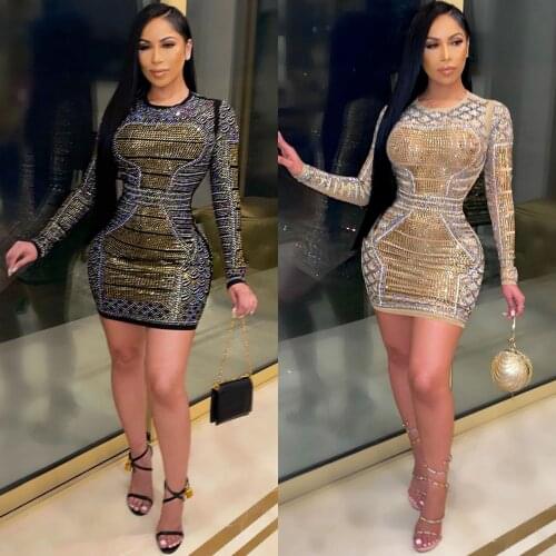 Autumn O-Neck Patchwork Mini Dresses Skinny Colorful Diamonds Dress For Women Long Sleeve Party Night Club Bodycon Dress