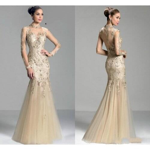 New Design Luxury Full Sleeves Sheer Mermaid Floor Length Mother Of The Bride Dress Applique Beads high neck organza Champagne