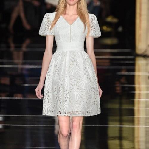 Luxury Beaded Women White Dress Fashion Cutout Embroidery Dresses 4608