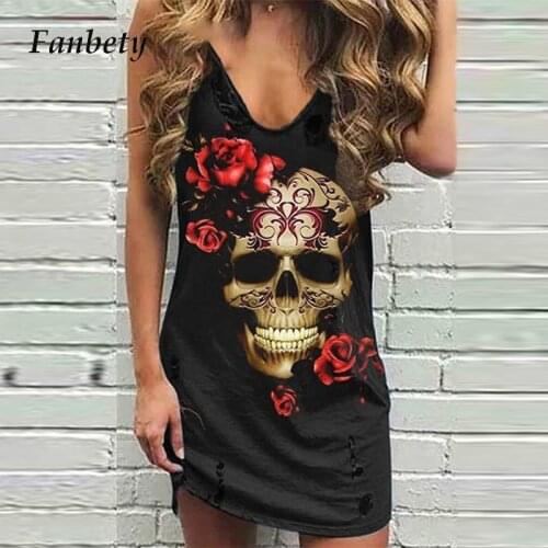 Skull Printing Women V Neck Daily Tops Summer X-Long Loose Casual Shirts Female Sexy Sleeveless Slim Clothing Streetwear Blusa