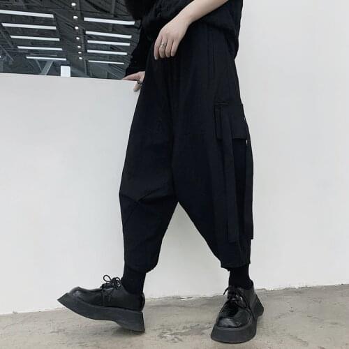 Large summer personalized large pocket elastic waist lace up low crotch cross pants trendy mens dark loose hanging crotch octup