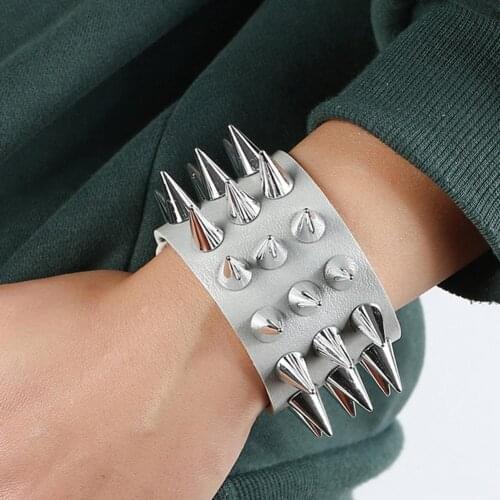 Punk Cool Fashion Bracelet Men Women Faux Leather Multiple Spikes Rivet Cone Bracelet Bangle Wristband Jewelry Wrist Decor Gift