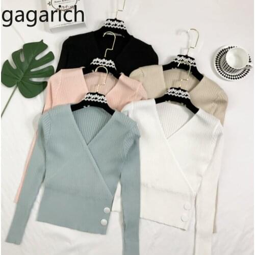 Gagarich Autumn Women Sweater Sexy Cross V-neck Slim Button Solid Short Pullovers Ladies Long Sleeve Bodycon Bottom Jumpers