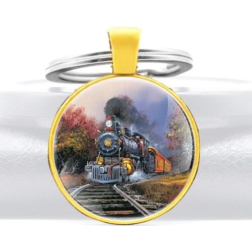 Vintage locomotive Glass Cabochon Key Chain Classic Steampunk Men Women Jewelry Key Rings