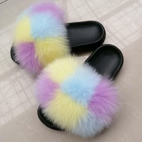 Ladies slippers fashion real fox fur fluffy plush summer luxury fur flat sandals beach shoes hot sale