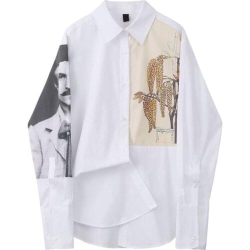 Fairy Print Shirt Women Loose Long-sleeved Autumn Clothes 2021 New Hong Kong Style Handsome Boyfriend Shirt Embellished Top