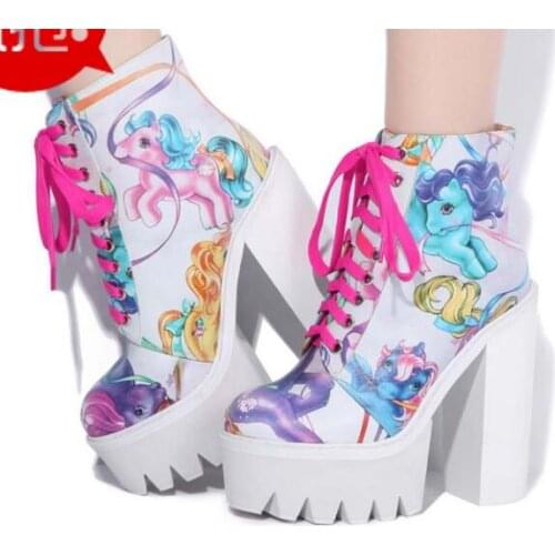 New winter women CowHide printing boots high platform super chunky heel lace up ankle women boots woman platform high heel boots
