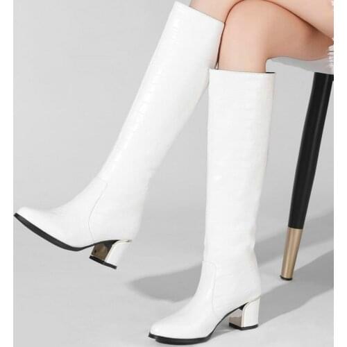 2021 Women Knee High Boots Comfortable Square High Heel Round Toe Ladies Calf Boots Stone Print PU Leather Slip on Womens Boots