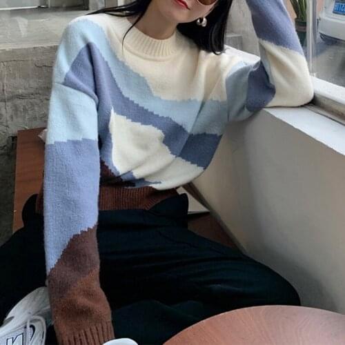 Women Autumn Long Sleeve Crew Neck Sweater Vintage Contrast Color Patchwork Pullover Tops Casual Loose Knitwear Jumper