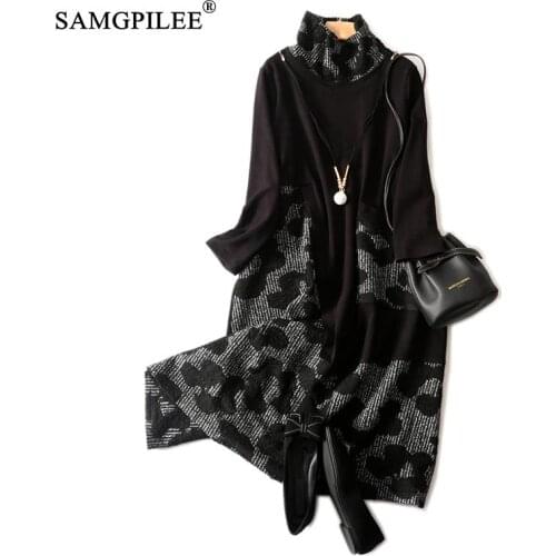 Winter Fashion Clothing 2021 Dress Women Half High Neck Jacquard Retro Mid-length Autumn Dresses For Woman With Meat Covering