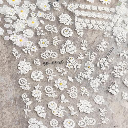 1 Sheet White Embossed Flower Lace 5D Sticker Decal Wedding Nail Art Designs Floral Butterfly Japanese Manicure Decor