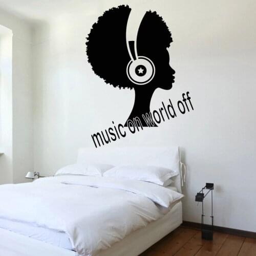 African Girl Wall Stickers Headphones Vinyl Decal Quote Music On World Off Sticker Teens Room Decor Musician Home Decoration