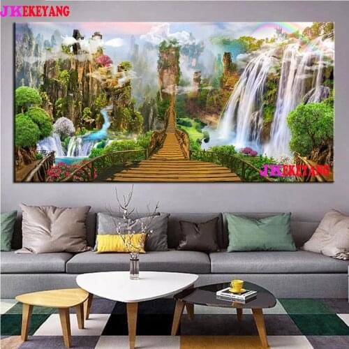 Large 5D Diy diamond painting Alpine Waterfall Bridge Diamond Mosaic Rhinestone Embroidery cross stitch Y4576