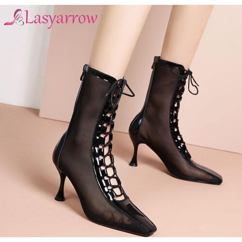 Lasyarrow New Fashion show Black Net Fabric Cross strap Sexy high heel Sandals Woman shoes Pumps Lace-up Square Toe Sandals