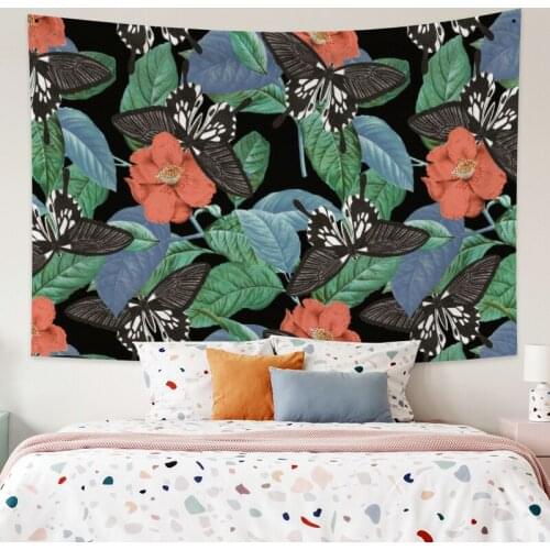 Black and Green Leaves Flowers Tapestry Vintage Exotic Summer Plant Nature Frame for Bedroom Photography Wall Decor
