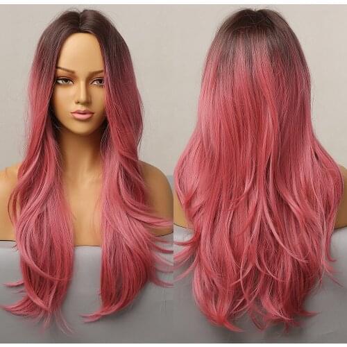 Long Ombre Dark Brown Pink Natural Wavy Synthetic Wigs Colorful Heat Resistant Fiber Daily Use Party Cosplay Wigs for Women