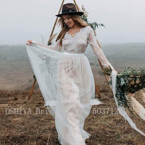 Hot Sale Long Sleeves Sexy Lace V-Neck Bohemian Boho Wedding Dress Backless Beach Plus Size Custom Made 2021