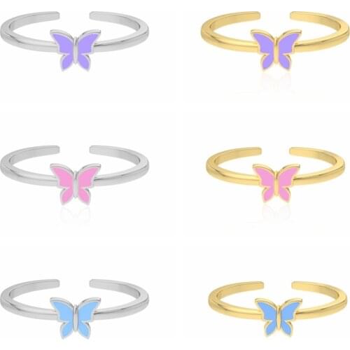 CANNER 2021 Trend Womens Rings With Pink Blue Purple Butterfly Openning Ring For Women Girls Delicate Jewelry Enamel Aanillos