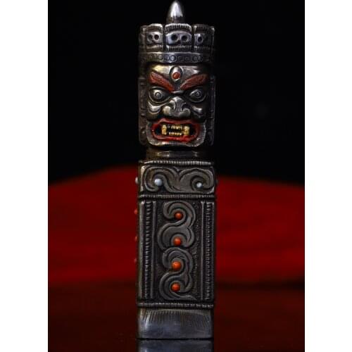 4"Tibet Temple Collection Old Tiantie Tracing mosaic gem Skull Mahakala head statue French seal seal amulet Town House Exorcism