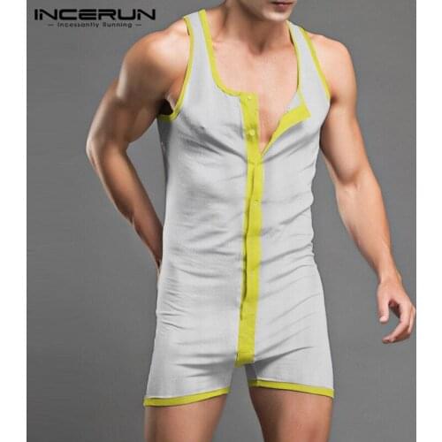 INCERUN Men Sleeveless Romper Pajamas Fashion Patchwork Onesies Casual Buttons Jumpsuit Sleepwear Summer Fitness Homewear S-5XL