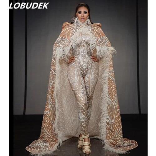 Lady Singer Dancer Models Show Catwalk Stage Wear Stretch Skinny Printing Jumpsuit Feather Cloak Outfit Birthday Party Costume